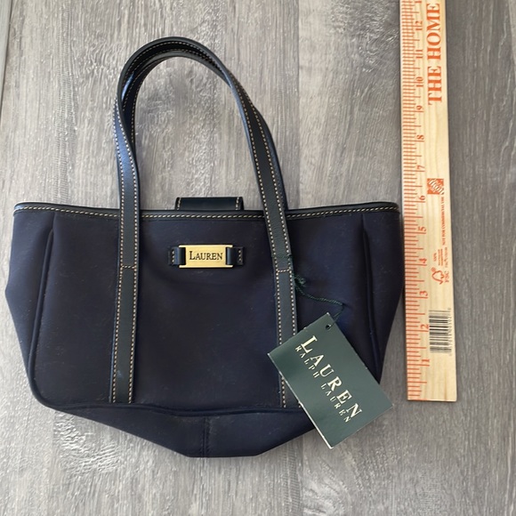 Vintage Lauren Ralph Lauren purse handbag small tote leather and fabric black - Picture 2 of 7